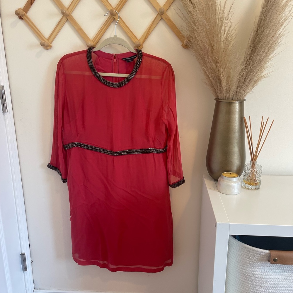 Coral French Connection cocktail dress with jeweled collar, size 12.